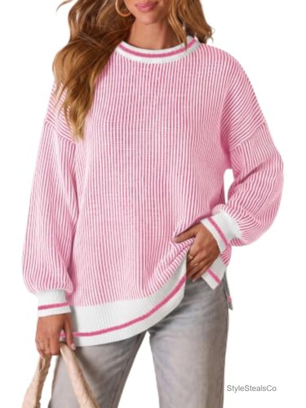 Womens Oversized Striped Knit Sweater Batwing Long Sleeve Crew Neck Pullover